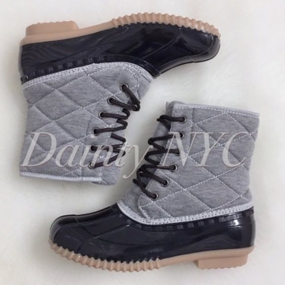 Quilted Duck Boots Gray Black Lace Up Rainboots - Picture 3 of 9